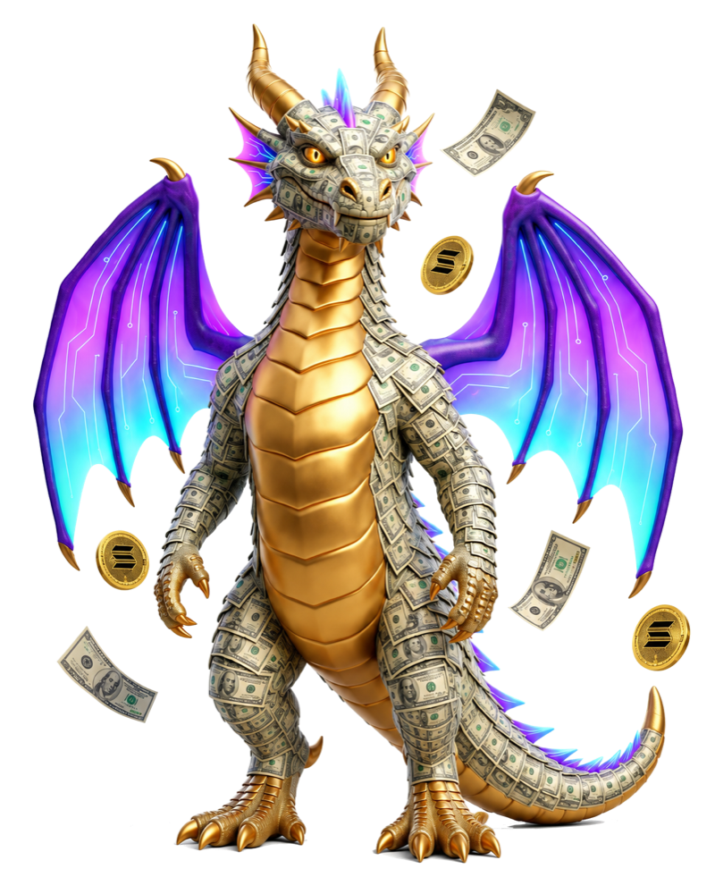 IGNI, a dragon armoured in banknote scales with glowing violet and cyan wings